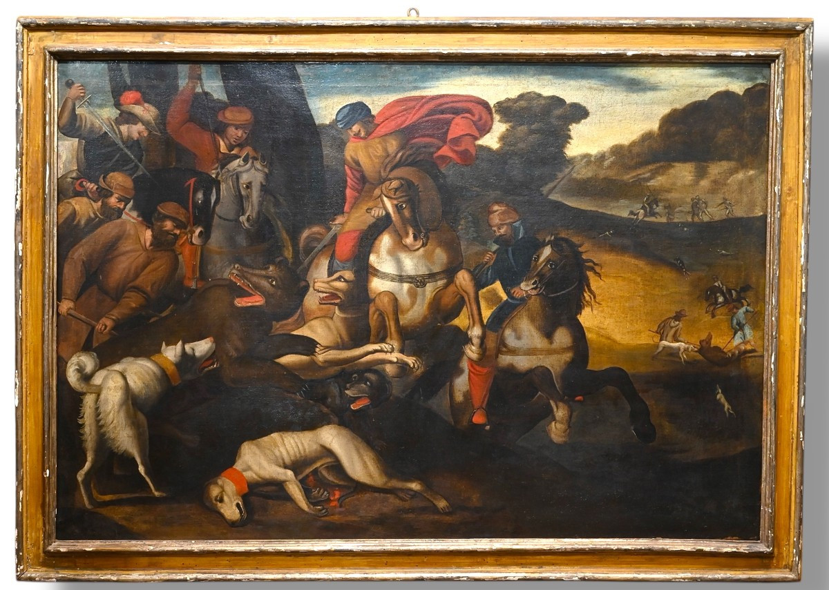 Chasse à l'ours - Huile sur toile - Italie XVIIe siècle